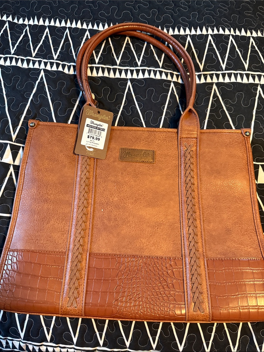 Wrangler Cognac Brown Faux-Leather Tote with Braided Handles